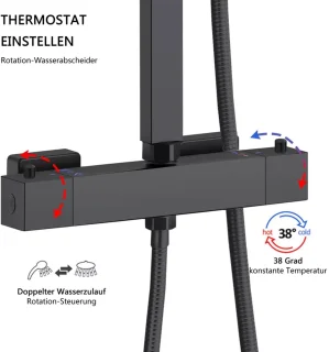 Douchesysteem zwart met thermostaatkraan en regendouche