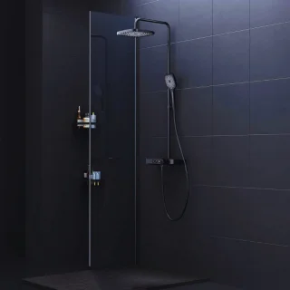 Douchesysteem Zwart Thermostaat Regendouche Handdouche Glazen Plank
