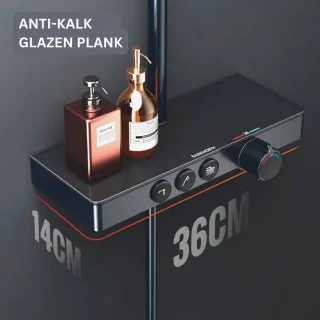 Douchesysteem Zwart Thermostaat Regendouche Handdouche Glazen Plank