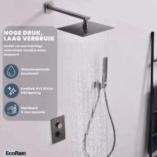 EcoRain© Mia Inbouw Regendoucheset met Thermostaatkraan 30 cm Vierkant Zwart