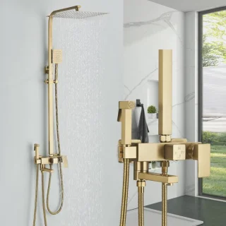 Geborsteld goud douchesysteem met 8 inch vierkante regenhoofddouche