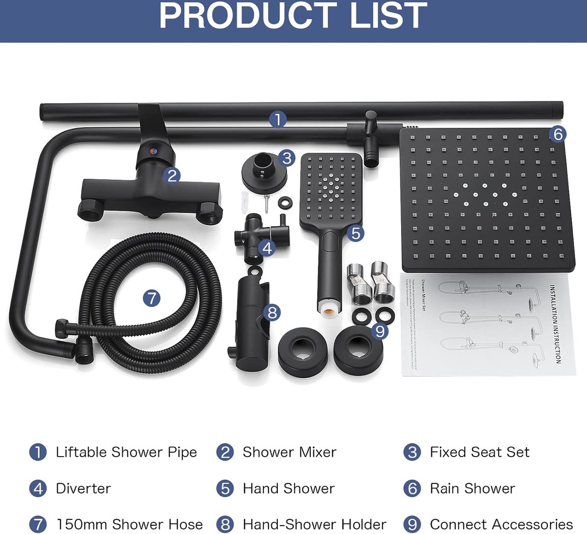 Goodivery Complete Zwarte Douche Set Douchekolom en Mengkraan