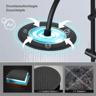 Görbach Regendouche douchesysteem zonder kraan, roestvrij staal, XXL ronde douchekop 30 cm, vintage U-vormige douchestang