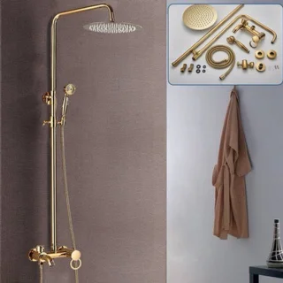 Goudkleurige douche set met regendouche en handdouche van messing en roestvrij staal