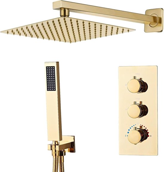 Goudkleurige inbouw doucheset thermostaat 25x25 cm regendouche handdouche