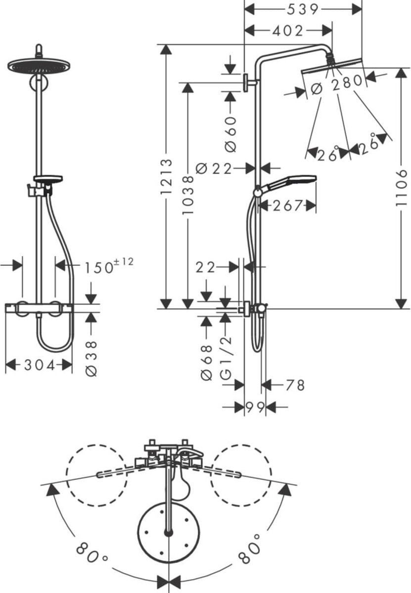 Wat vinden we goed aan de hansgrohe Croma Select S Showerpipe 280 1jet EcoSmart Brushed Black Chrome