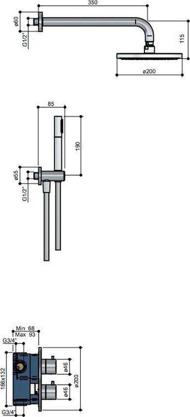 Hotbath Buddy IBS Regendoucheset 35cm Wandarm 20cm Hoofddouche Staafhanddouche Geborsteld Nikkel