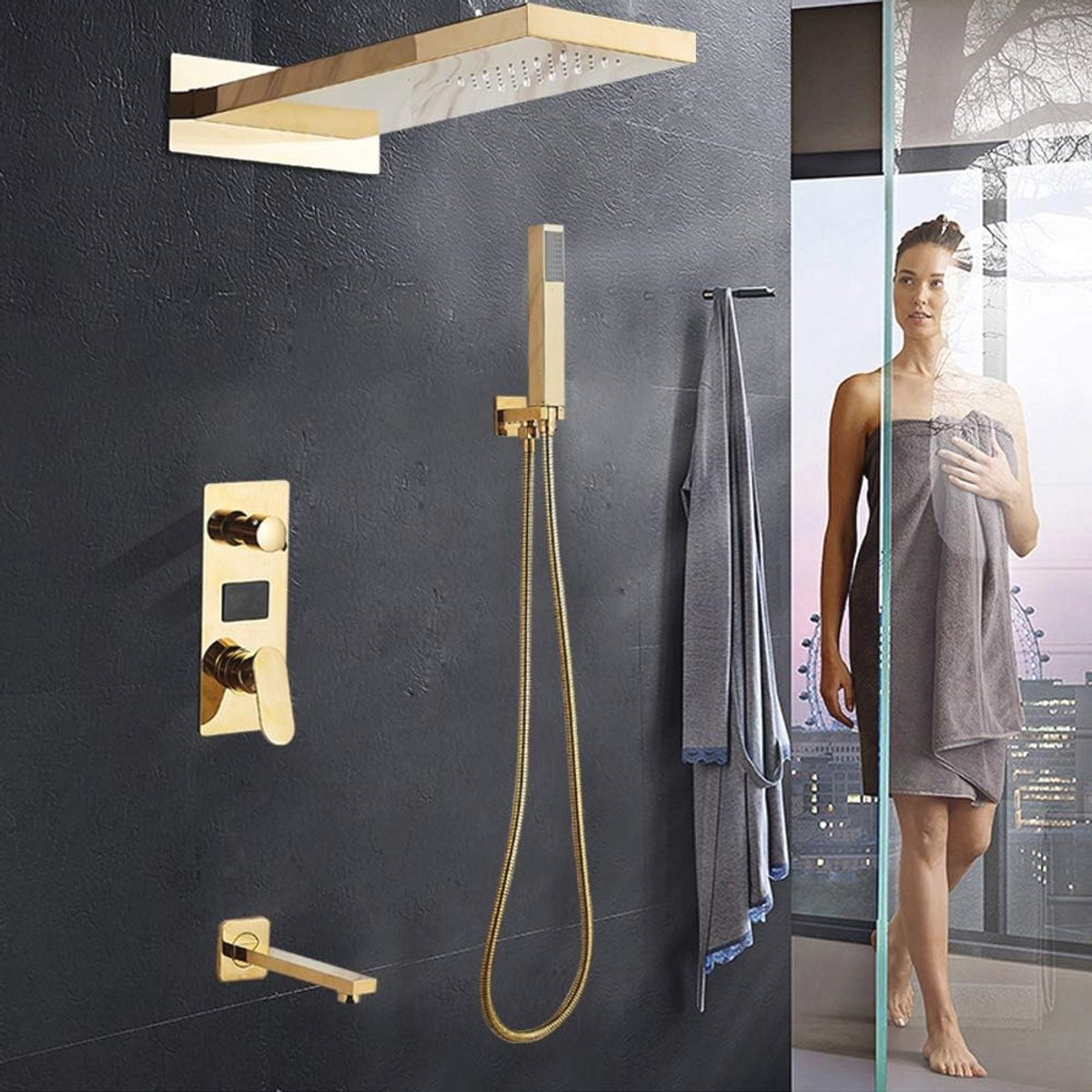 Inbouw Doucheset Goud Regendouche Massagepaneel Wandmontage