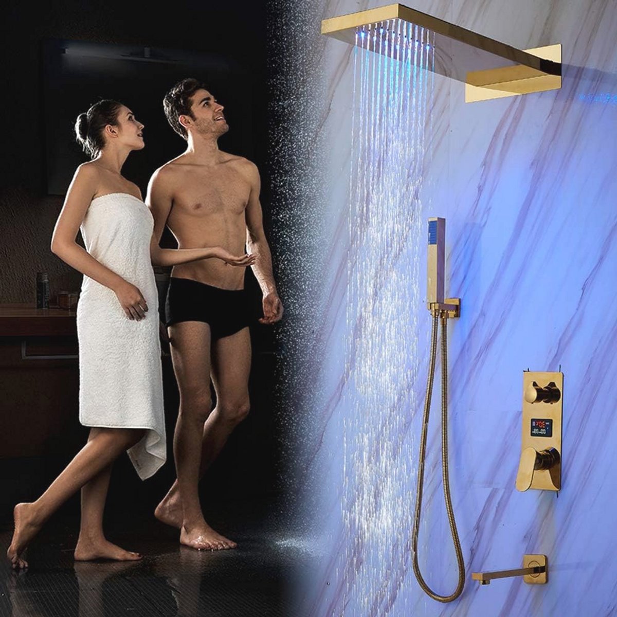 Inbouw Doucheset Goud Regendouche Massagepaneel Wandmontage