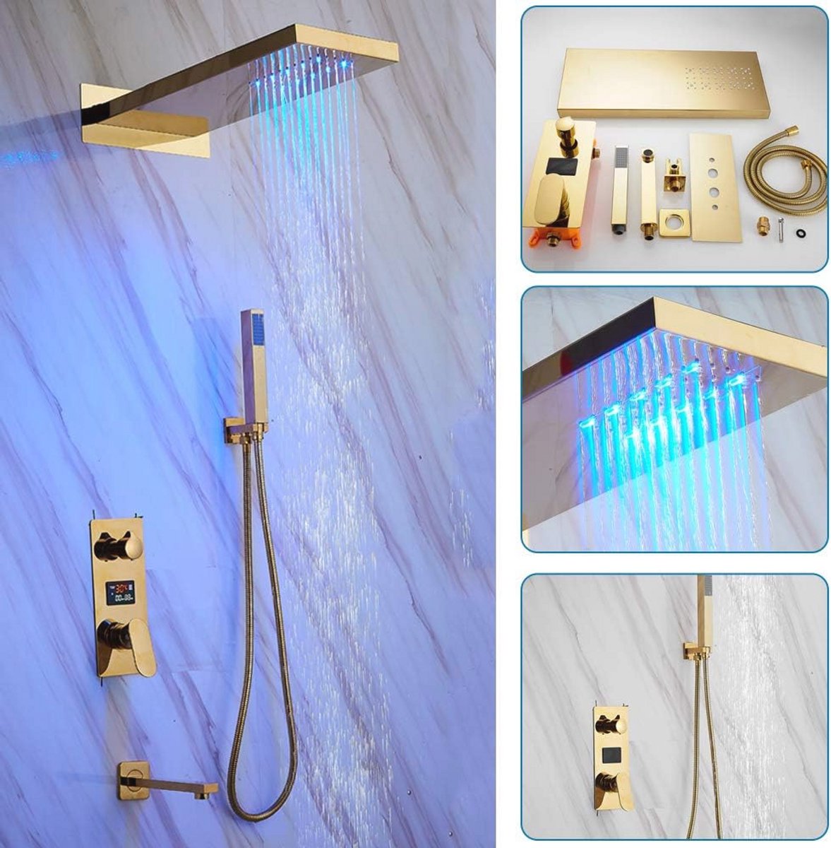 Inbouw Doucheset Goud Regendouche Massagepaneel Wandmontage
