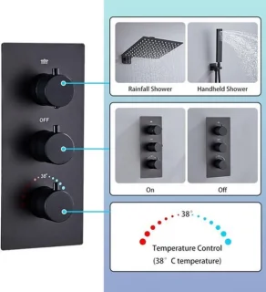 Inbouw doucheset met thermostaatkraan, hoofddouche en handdouche, zwart mat
