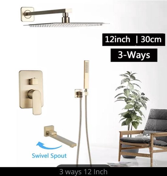 Inbouw doucheset RVS 12 inch geborsteld goud