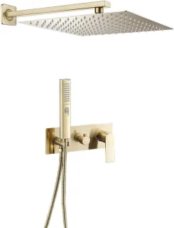 Inbouwdouche set met douchekraan en vierkante sproeikop 25 cm, goud geborsteld