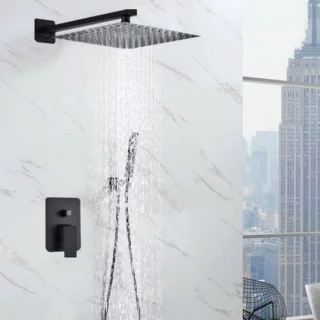 Inbouwdouchesysteem zwart met regendouchekop en handdouche