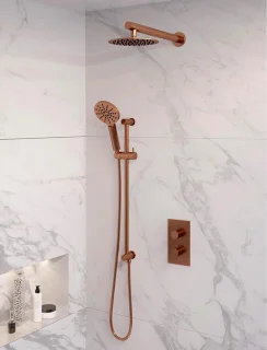 Koperen thermostatische inbouw regendouche set 20 cm met handdouche en glijstang