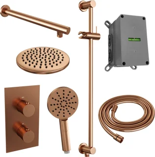 Koperen thermostatische inbouw regendouche set 20 cm met handdouche en glijstang