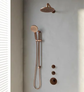 Koperen thermostatische inbouwset met regendouche en handdouche
