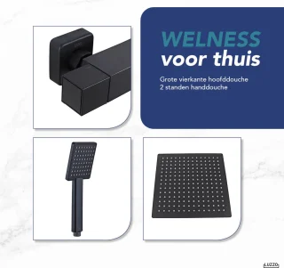 Luzzo Regendouche Zwart 25 cm Vierkant met Thermostaatkraan