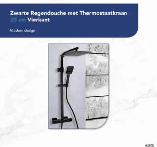 Luzzo Regendouche Zwart 25 cm Vierkant met Thermostaatkraan