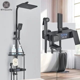 Mat Zwarte Thermostatische Regendouche Set inclusief Douchewand en Opbergrek