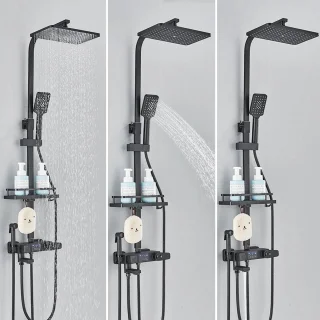Mat Zwarte Thermostatische Regendouche Set inclusief Douchewand en Opbergrek
