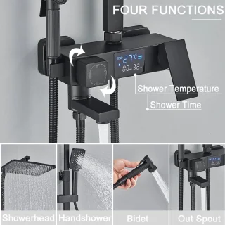 Mat Zwarte Thermostatische Regendouche Set inclusief Douchewand en Opbergrek