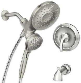 Moen Engage handdouche en regendoucheset met bedieningshendel, baduitloop, metalen slang, geborsteld nikkel