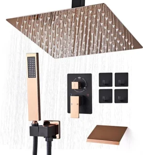 Plafond regendouche set 12 inch mat zwart goud