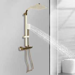 Regendouche gouden vierkant - thermostatische doucheset - 20 cm hoofddouche