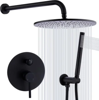 Regendouche Set 12 inch Mat Zwart - Wandmontage