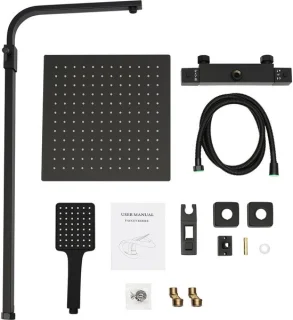 Regendouche set mat zwart - 30 cm vierkante douchekop - wandgemonteerd