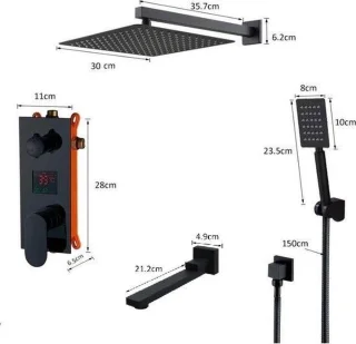Regendouche set mat zwart 30x30 cm digitaal thermostaatkraan inbouw