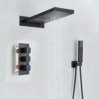 Regendouche set met thermostatische inbouwmengkraan, mat zwart