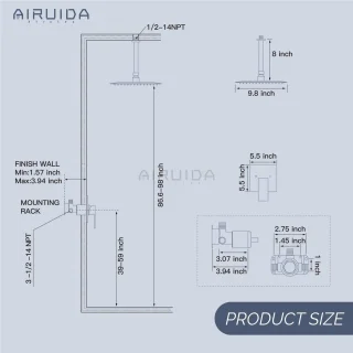 Regendouche Set Plafondmontage 255 cm Mat Zwart