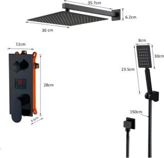 Regendouche set zwart 30x30 cm met thermostaat en handdouche