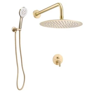 Regendouche wandmontage – geborsteld goud – ronde regendouchekop met handdouche en mengkraan