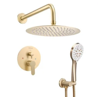 Regendouche wandmontage – geborsteld goud – ronde regendouchekop met handdouche en mengkraan