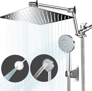 Regendouchekop met handdouche combo 12 inch vierkant zilver