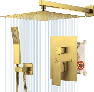 Regendouchekraan set 12 inch wandmontage geborsteld goud