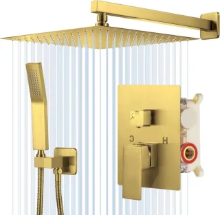 Regendouchekraan set 12 inch wandmontage geborsteld goud
