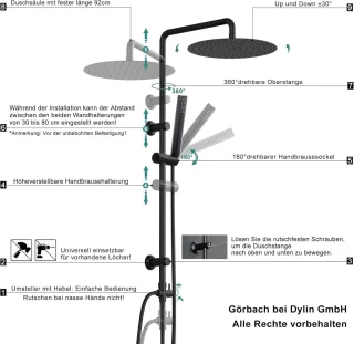 Regendoucheset 92 cm douchestang ronde bovenhoofddouche