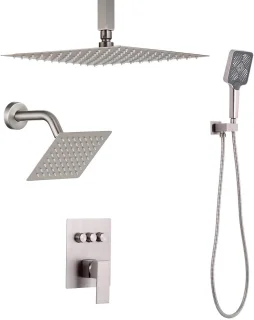 Regendoucheset Wanddouchesysteem Messing Klep & Afbouw - Geborsteld Nikkel