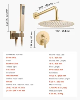 Regendoucheset Wandgemonteerd 25,4 cm Geborsteld Goud