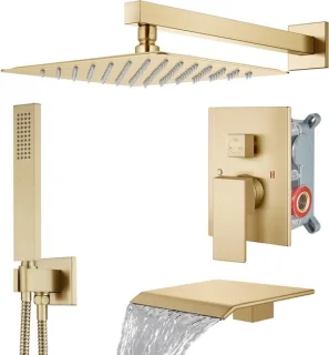 Regendoucheset waterval 20 cm geborsteld goud