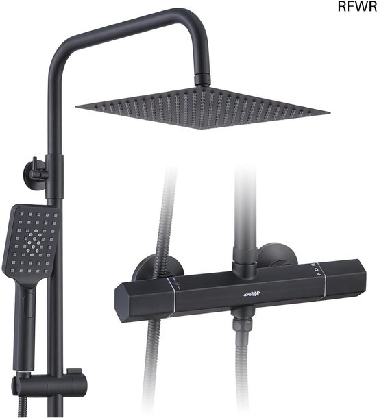 RFWR Thermostatische Douche Set Zwart met Regendouche en Handdouche