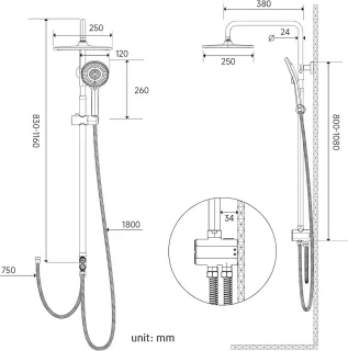 Ronde regendouche 25 cm zwart (zonder armatuur)