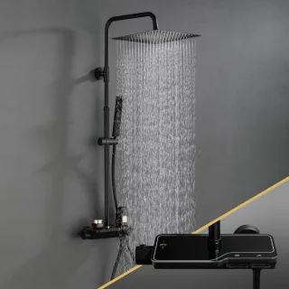 SnelShoppen - zwart douchesysteem met thermostaat, roestvrij staal, regendoucheset met handdouche, 20x20 cm