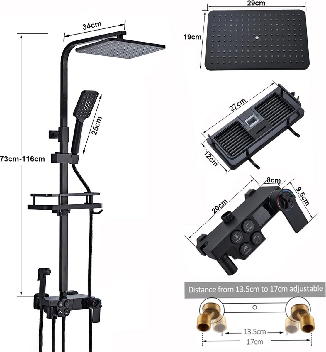 De SteeFly Douchekraan thermostatisch mat zwart met regendouche en slang in één oogopslag