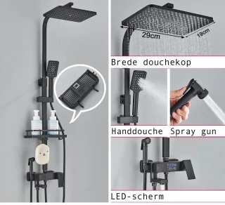 SteeFly Douchekraan thermostatisch mat zwart met regendouche en slang