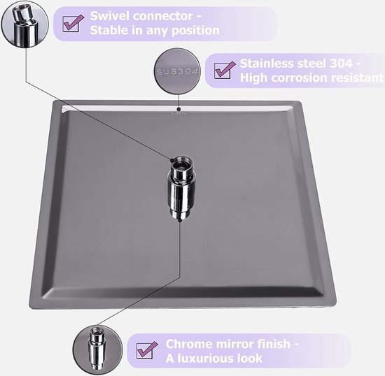 Suguword 16 inch roestvrijstalen regendouchekop chroom 40x40 cm